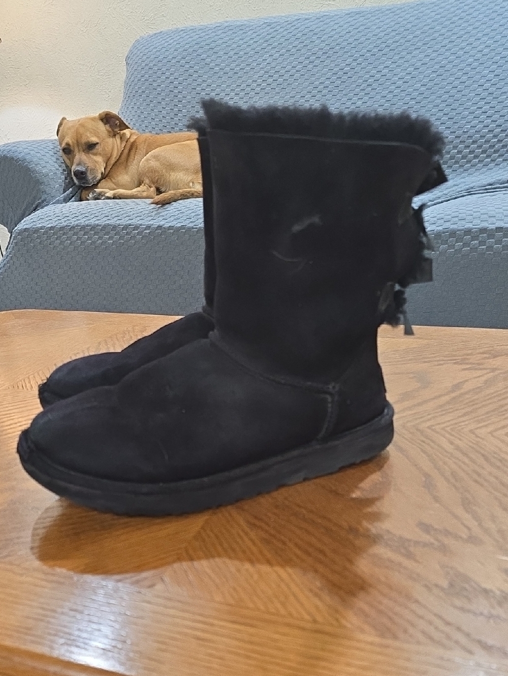 UGG Black Suede Shearling Back-Bow Winter Boots - Picture 2 of 7